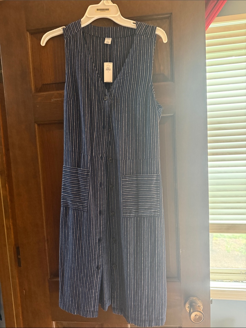 Old Navy Navy and White Striped Button-Front Sleeveless Dress